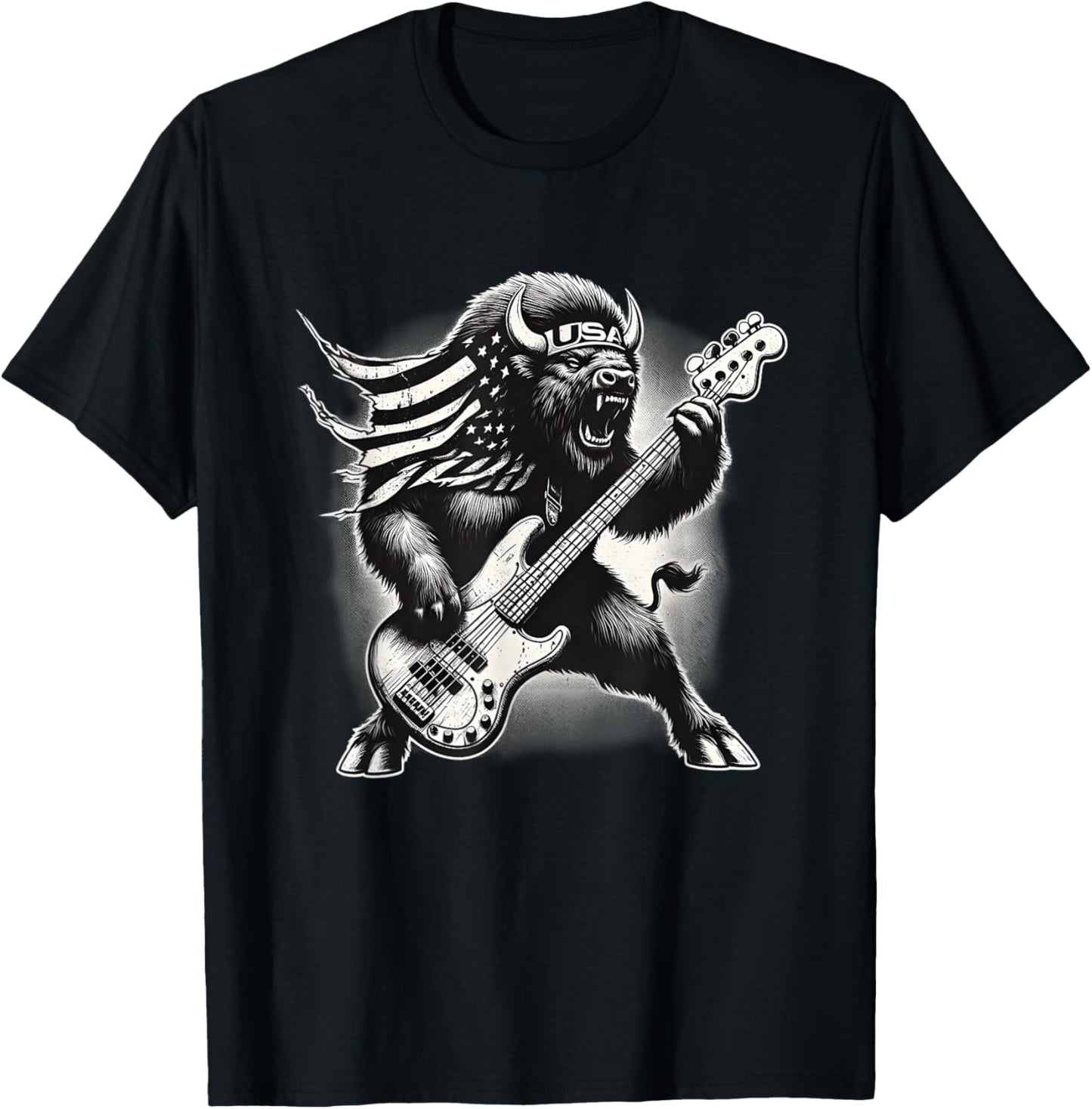 Rock American Bison Playing Guitar Rock and Roll Buffalo T-Shirt - T-Shirt | Black
