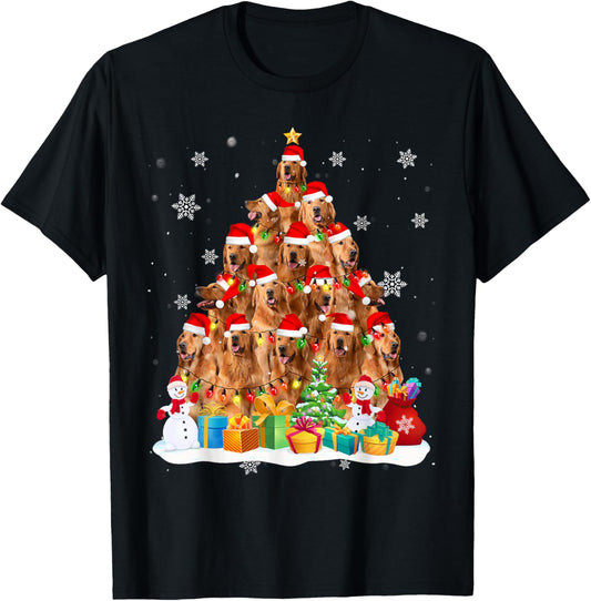 Golden Retriever Santa Christmas Tree Lights Dog Xmas 2025 Women Kids T-Shirt - T-Shirt | Black