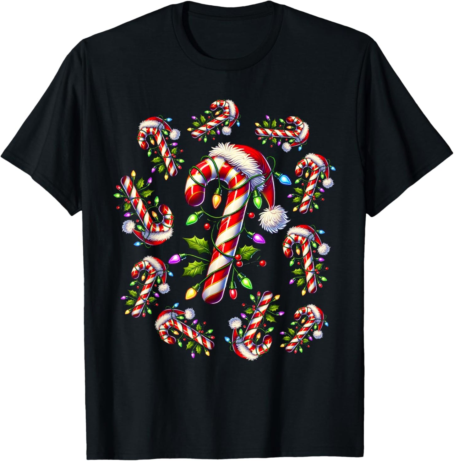 Red and White Candy Cane Santa Christmas Funny Xmas Lights T-Shirt - T-Shirt | Black
