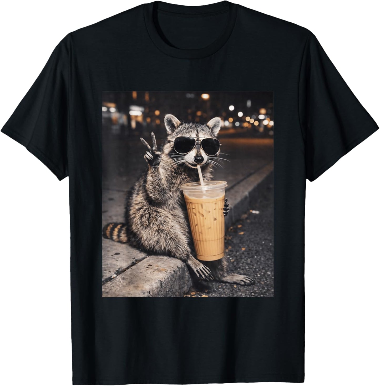 Raccoon Drinking Iced Coffee Funny Animal Meme T-Shirt - T-Shirt | Black