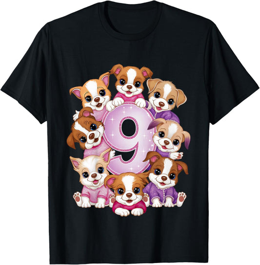 9th Birthday Dog Birthday Shirt for Girls 9 Years Puppy T-Shirt - T-Shirt | Black