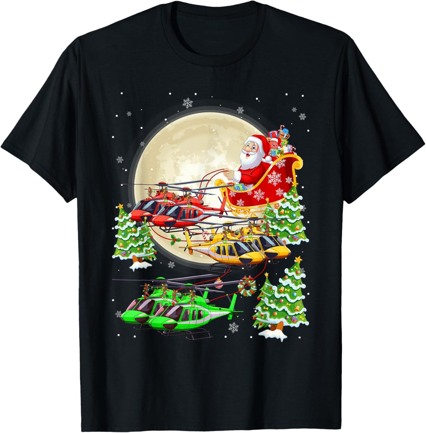 Funny Helicopters Reindeer Riding Santa Sleigh Xmas Boys T-Shirt - T-Shirt | Black
