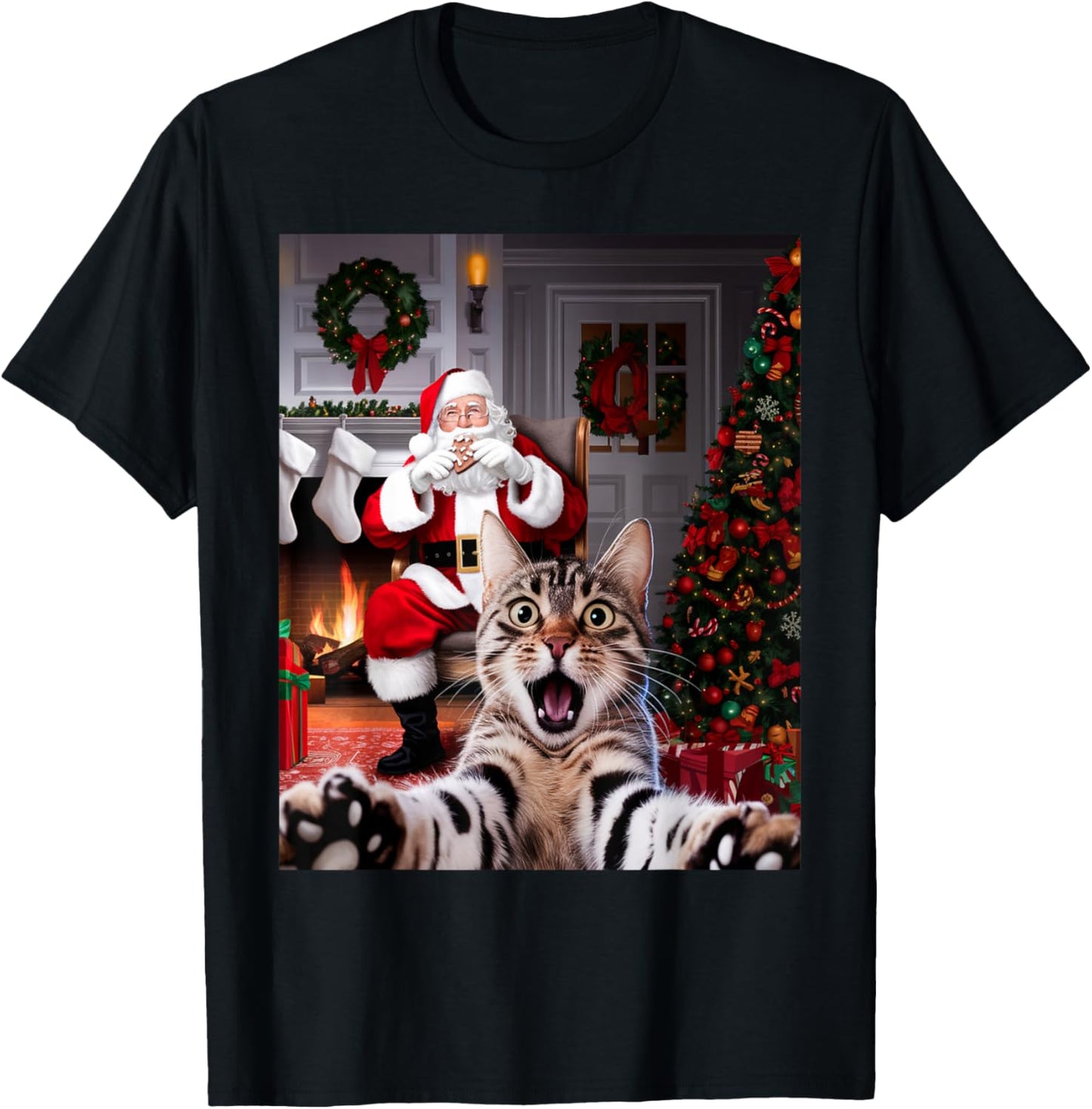 Christmas Funny Cat Selfie with Santa Claus Cute Holiday Women Kids T-Shirt - T-Shirt | Black