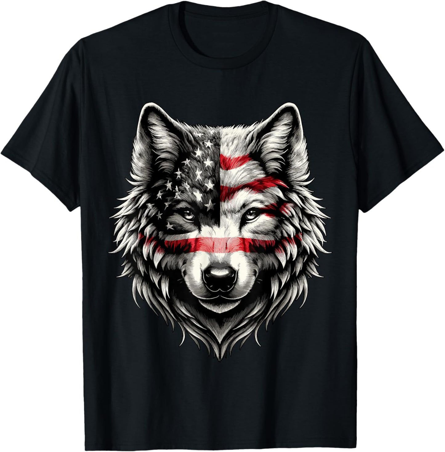 Wolf with USA Flag 4th of July T-Shirt - T-Shirt | Black