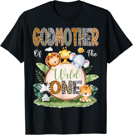 GodMother Of The Wild One 1St Birthday Kids Safari Jungle T-Shirt - T-Shirt | Black