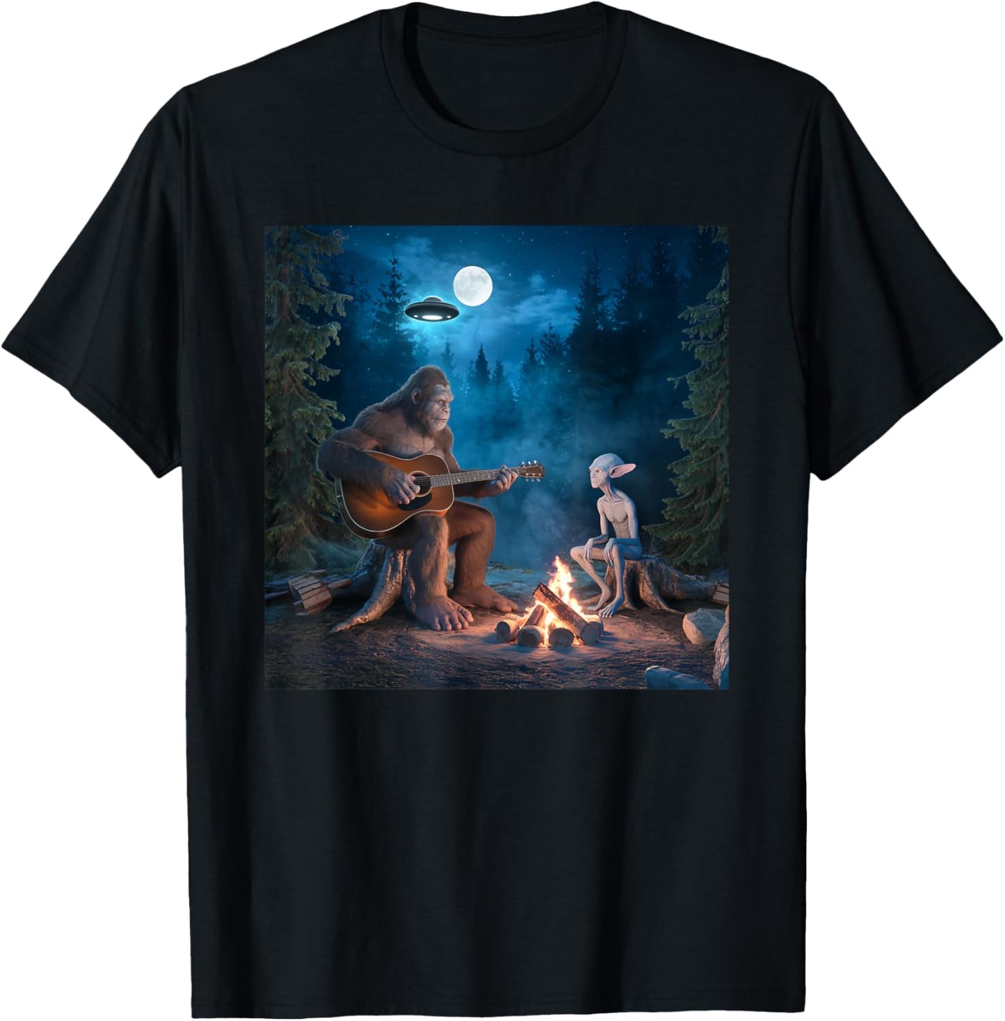 Bigfoot Alien Sasquatch Campfire UFO Music Night Scene T-Shirt - T-Shirt | Black