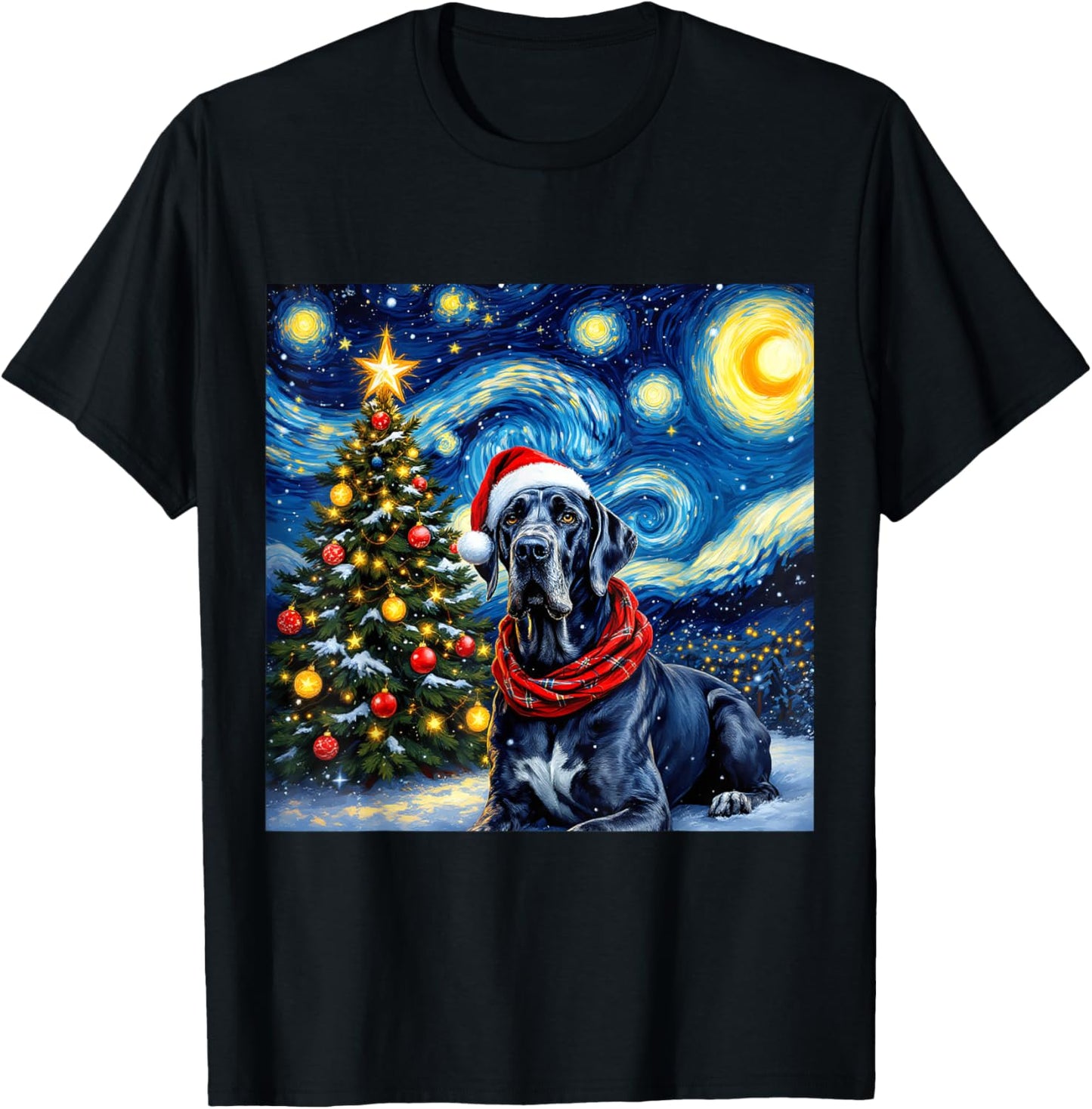 Great Dane Starry Night Christmas Van Gogh Dog Santa Hat T-Shirt - T-Shirt | Black