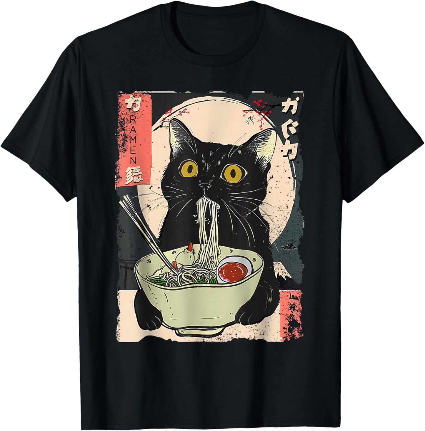 Vintage Cat Eating Ramen Funny Japanese Noodles T-Shirt - T-Shirt | Black