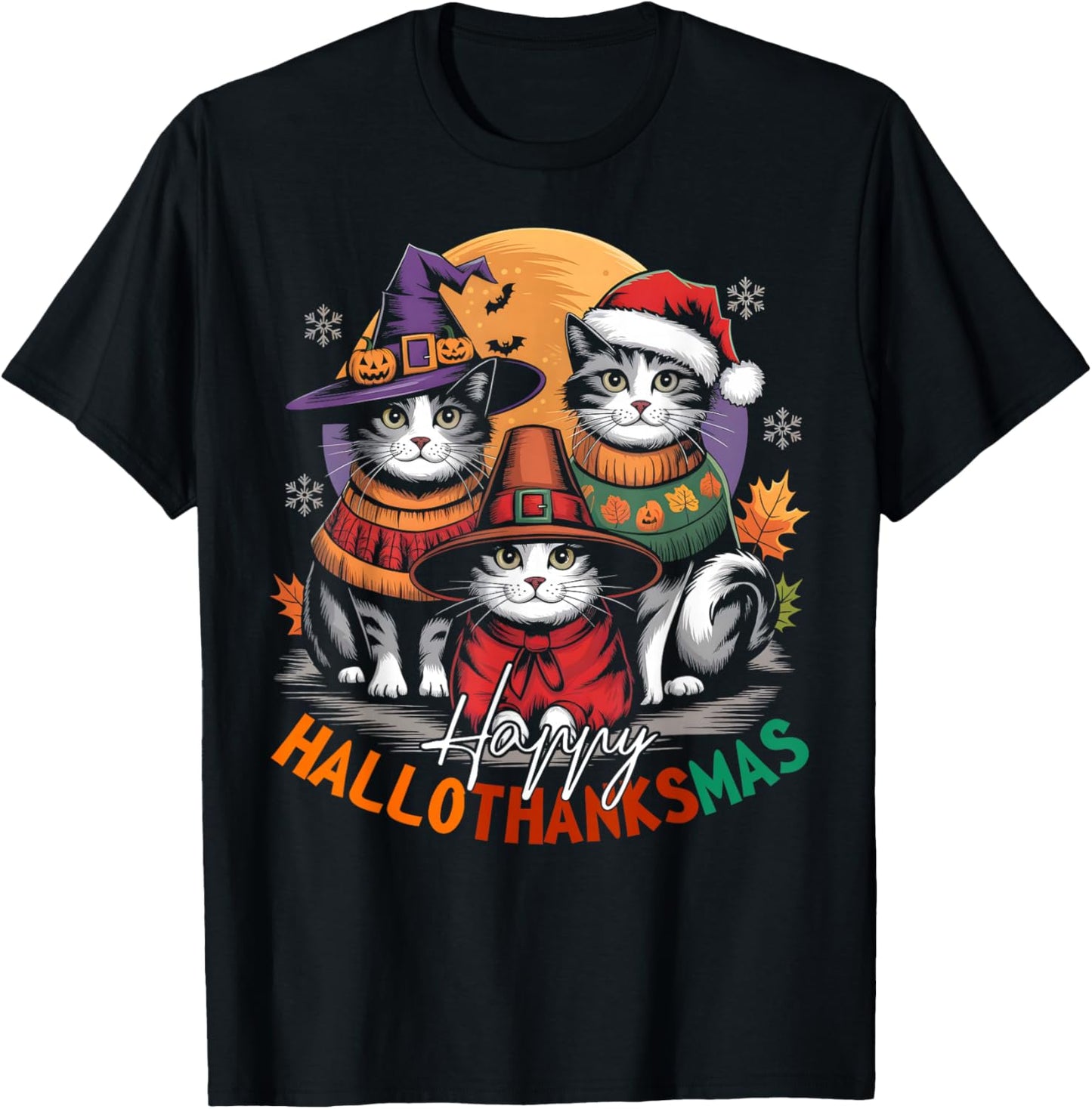 Happy HalloThanksMas Halloween, Christmas, Thanksgiving Cats T-Shirt - T-Shirt | Black