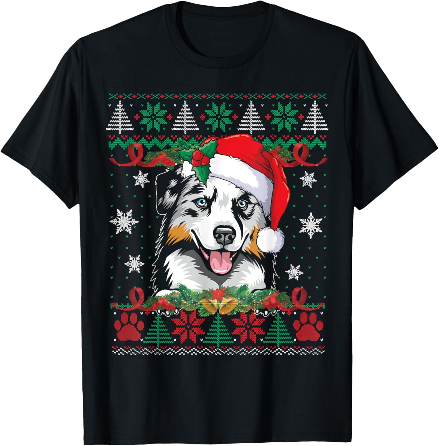 Australian Shepherd Christmas Ugly Sweater Funny Dog Lover T-Shirt - T-Shirt | Black