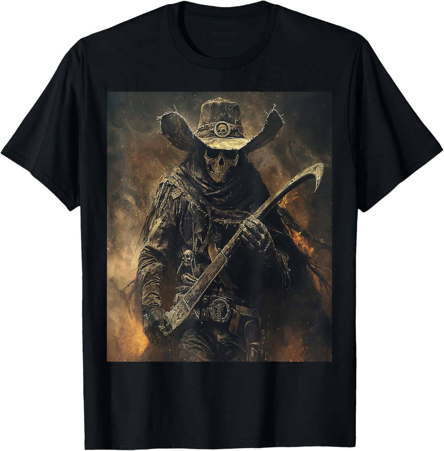 Western Grim Reaper Cowboy Wearing Hat Scythe Skull Art T-Shirt - T-Shirt | Black