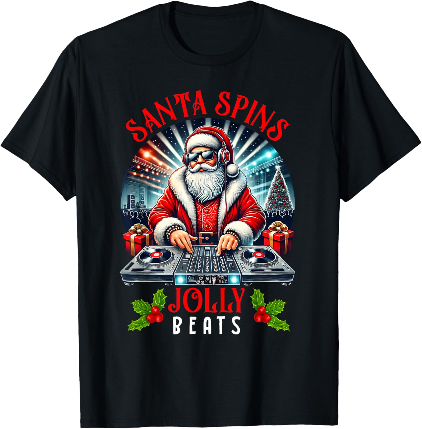 DJ Santa Spins Jolly Beats Christmas Party Music Lovers Pjs T-Shirt - T-Shirt | Black