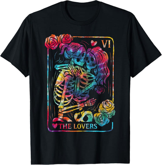 The Lovers Tarot Card Gothic Occult Kissing Skeleton Roses T-Shirt - T-Shirt | Black