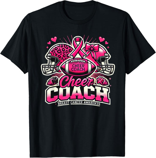 Cheer Coach Pink Ribbon Football Breast Cancer Awareness T-Shirt - T-Shirt | Black
