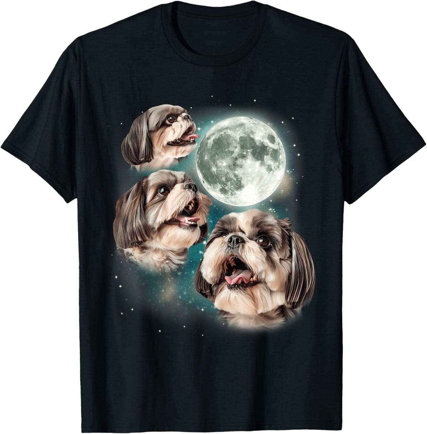 Three Shih Tzu Moon | 3 Puppies Howling Fun Dog Parody Meme T-Shirt - T-Shirt | Black