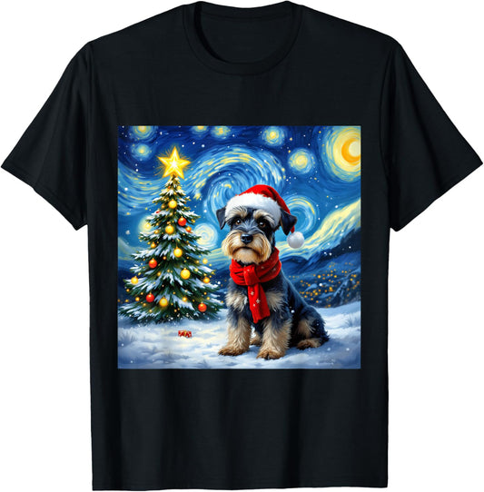 Miniature Schnauzer Starry Night Christmas Van Gogh Dog Men Women Kids T-Shirt - T-Shirt | Black