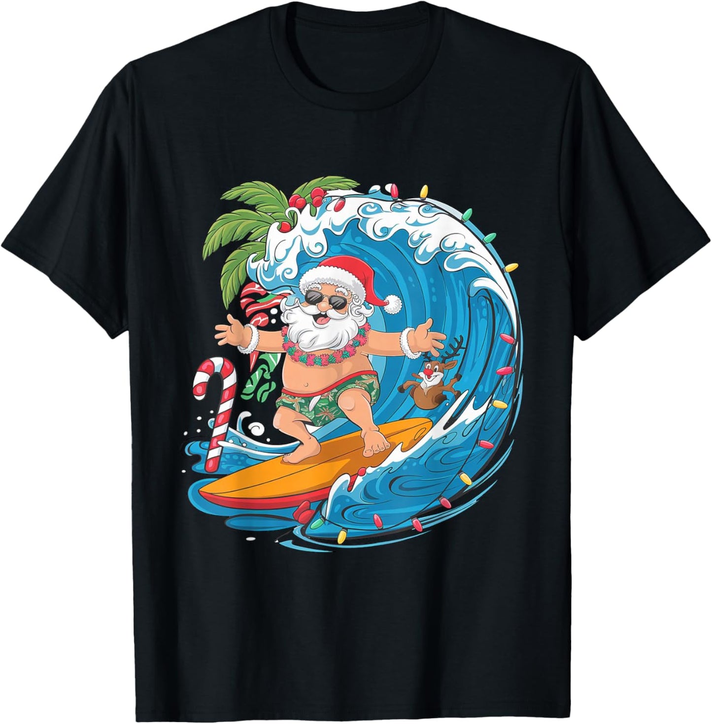 Surfing Santa Claus Tropical Christmas Holiday Beach Vibes T-Shirt - T-Shirt | Black