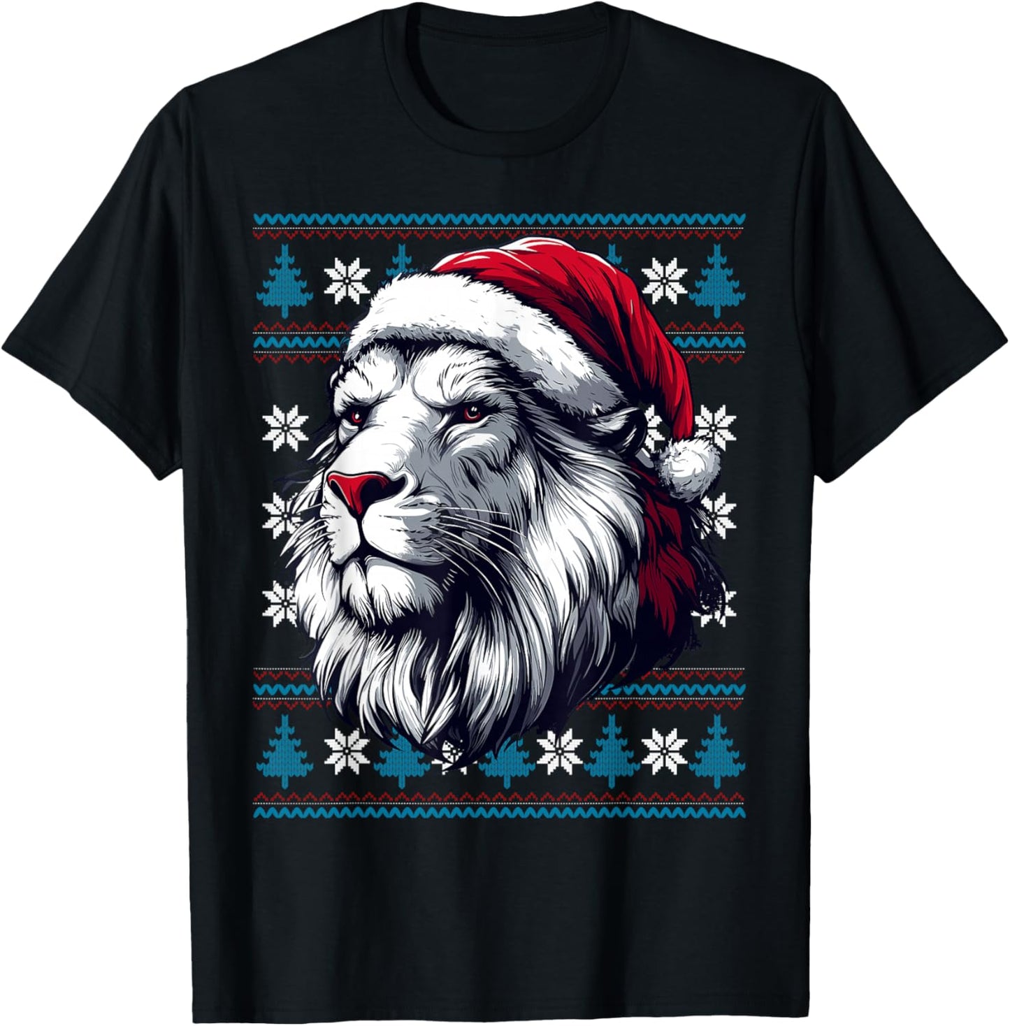 Lion Santa Hat Ugly Christmas Sweater Lion Lovers Holiday T-Shirt - T-Shirt | Black