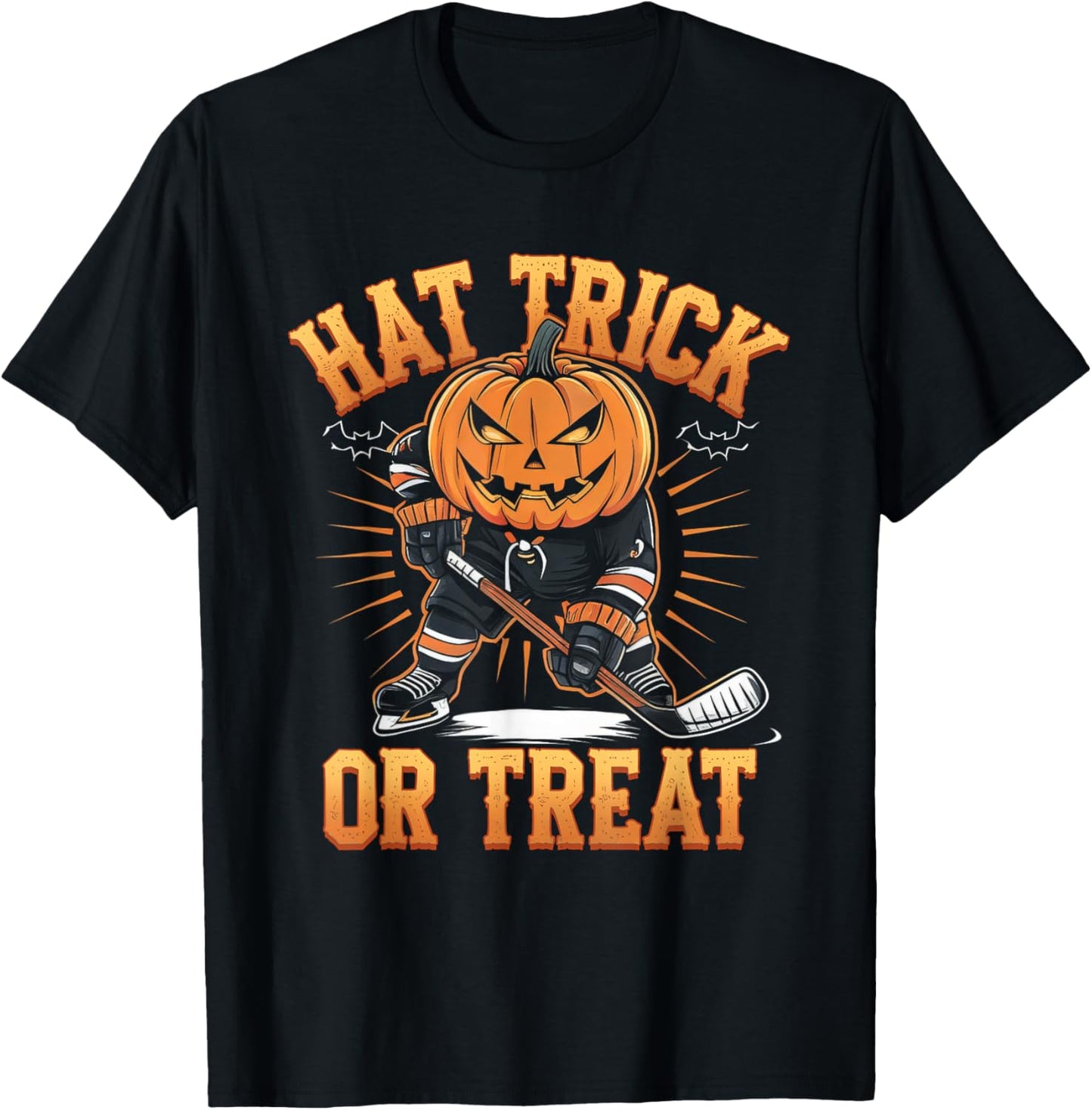 Halloween Hat Tricks Or Treat Ice Hockey Player Pumpkin Head T-Shirt - T-Shirt | Black