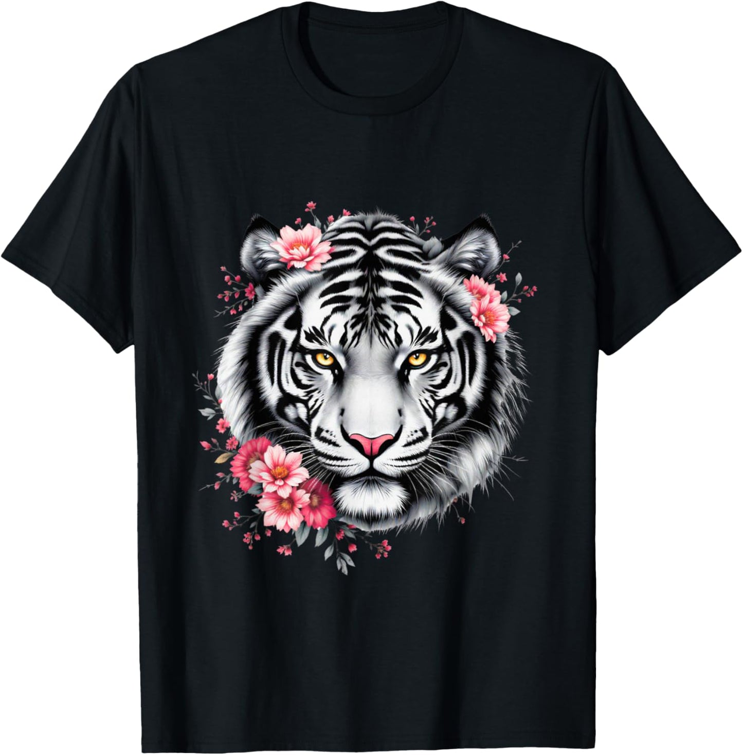 White Tiger With Flowers Graphic T-Shirt - T-Shirt | Black