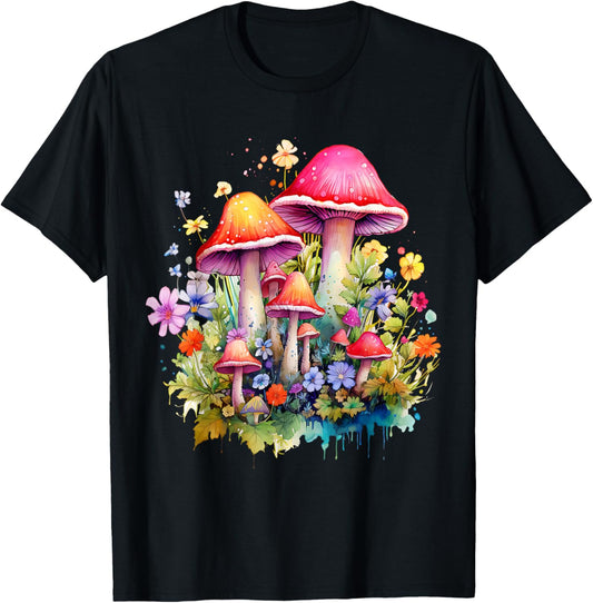 Cute Cottagecore Mushroom Hippie Lover Vintage Vivid Groovy T-Shirt - T-Shirt | Black
