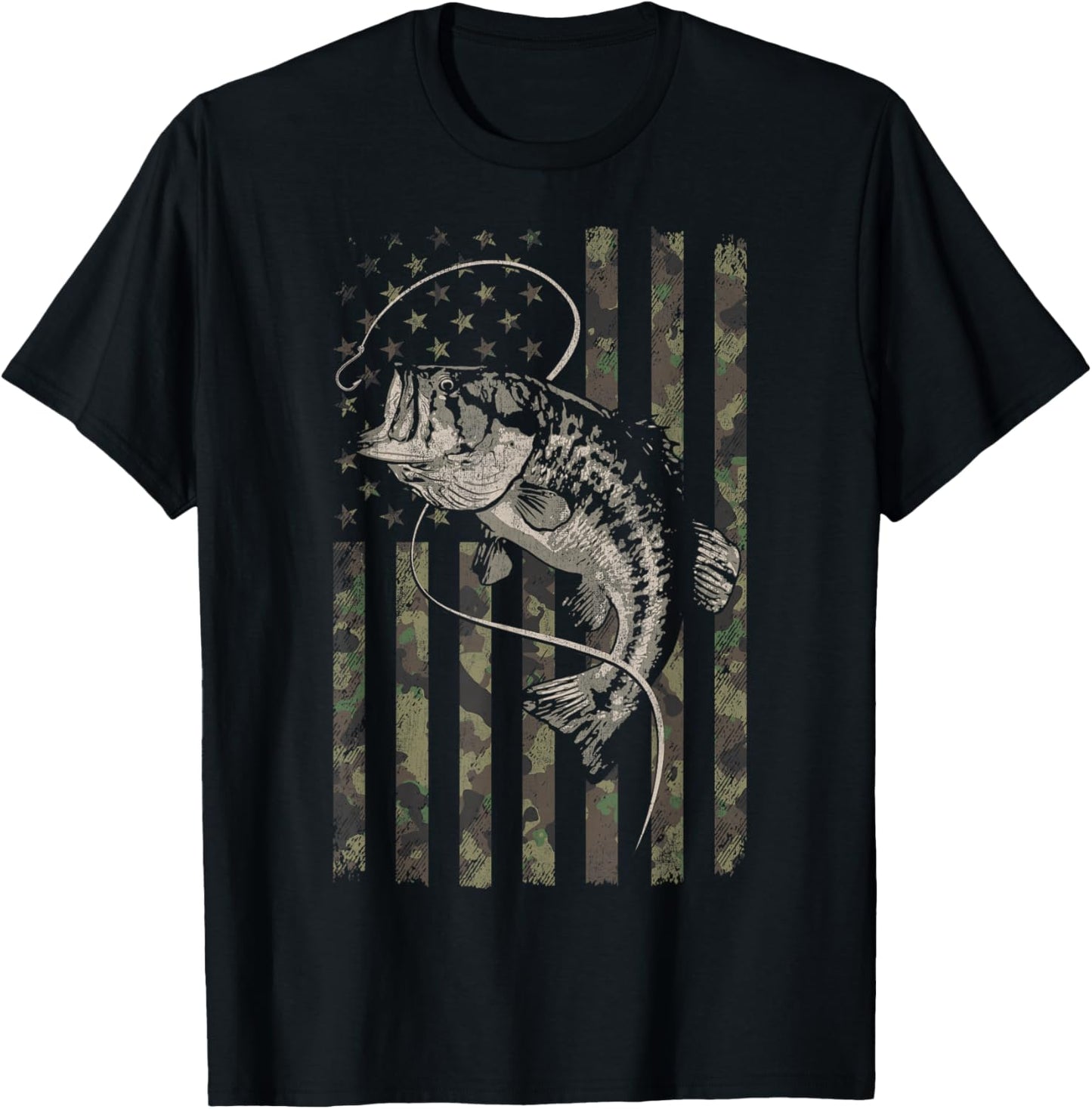 Fishing Camo American Flag Bass Fish Camouflage T-Shirt - T-Shirt | Black
