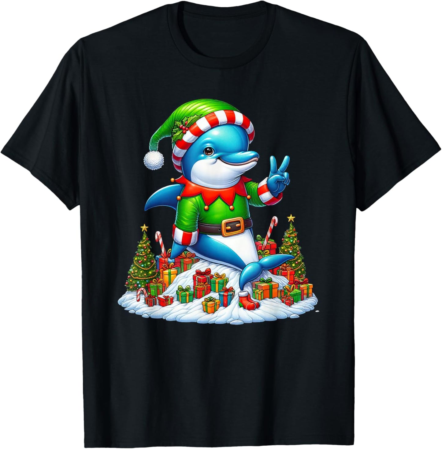 Funny Peace Hand Dolphin Elf Christmas Kids T-Shirt - T-Shirt | Black