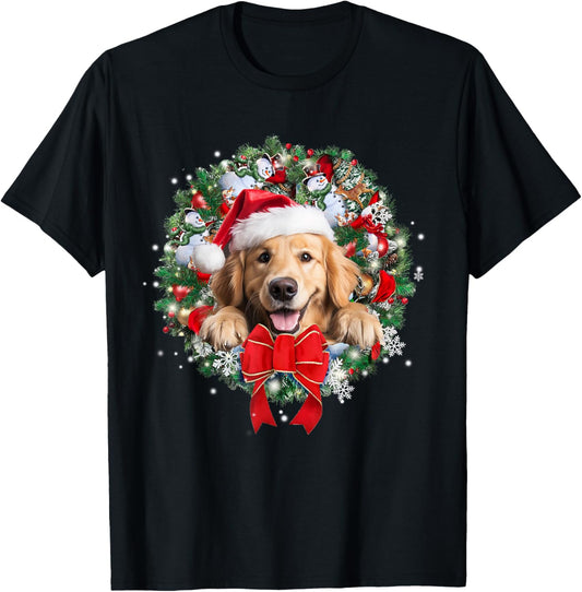 Golden Retriever Christmas Wreath Decoration Xmas Pajamas T-Shirt - T-Shirt | Black