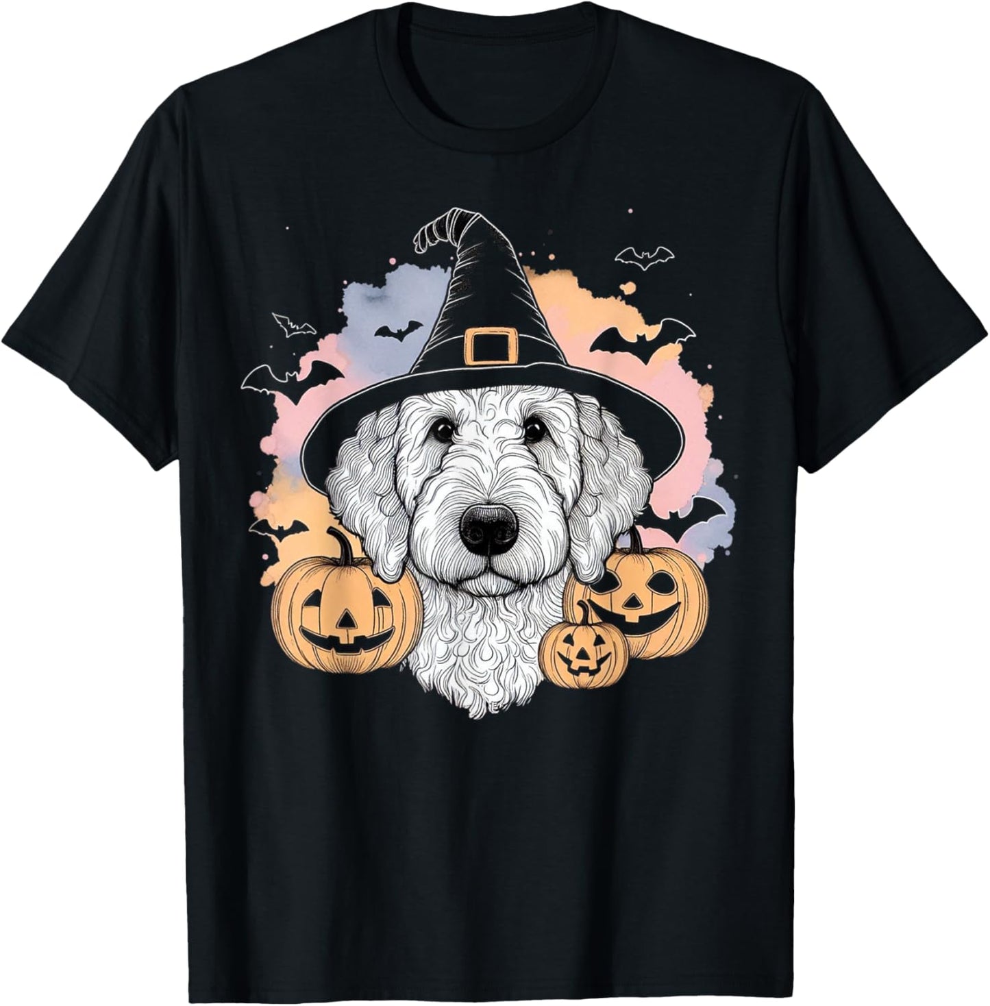 Halloween Goldendoodle Witch & Pumpkins Bats Spooky Holiday T-Shirt - T-Shirt | Black