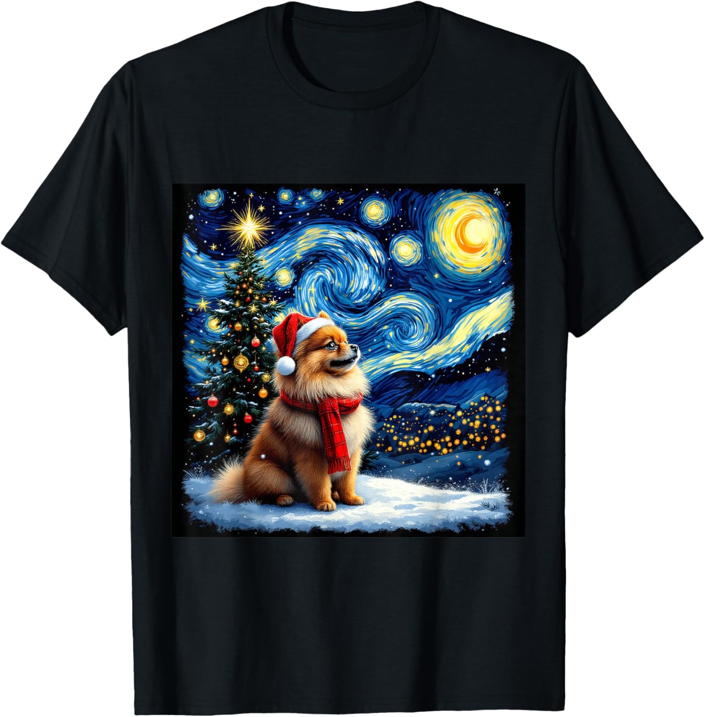 Pomeranian Starry Night Christmas Van Gogh Dog Santa Hat T-Shirt - T-Shirt | Black