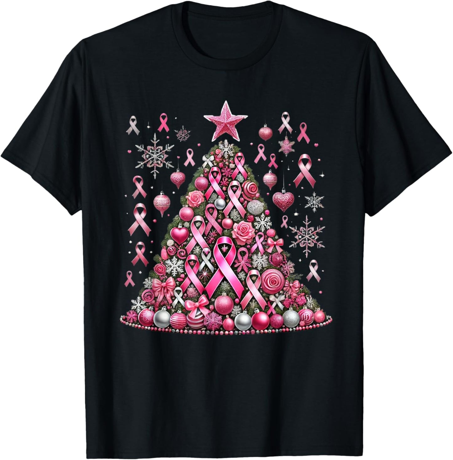 Snowflakes Ornament Decoration Breast Cancer Christmas Tree T-Shirt - T-Shirt | Black