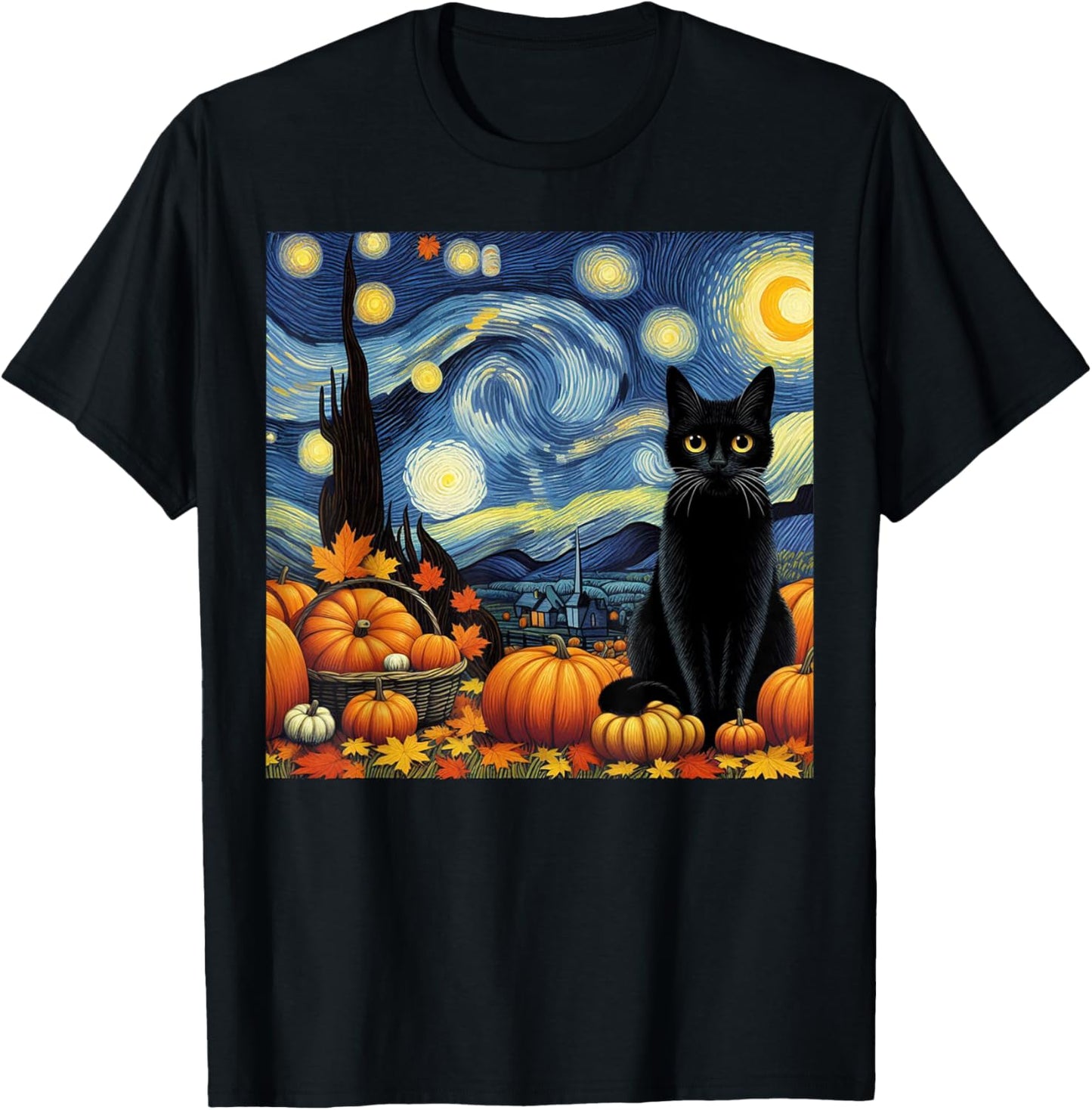 Thanksgiving Van Gogh Starry Night Black Cat Pumpkins Cat Lo T-Shirt - T-Shirt | Black