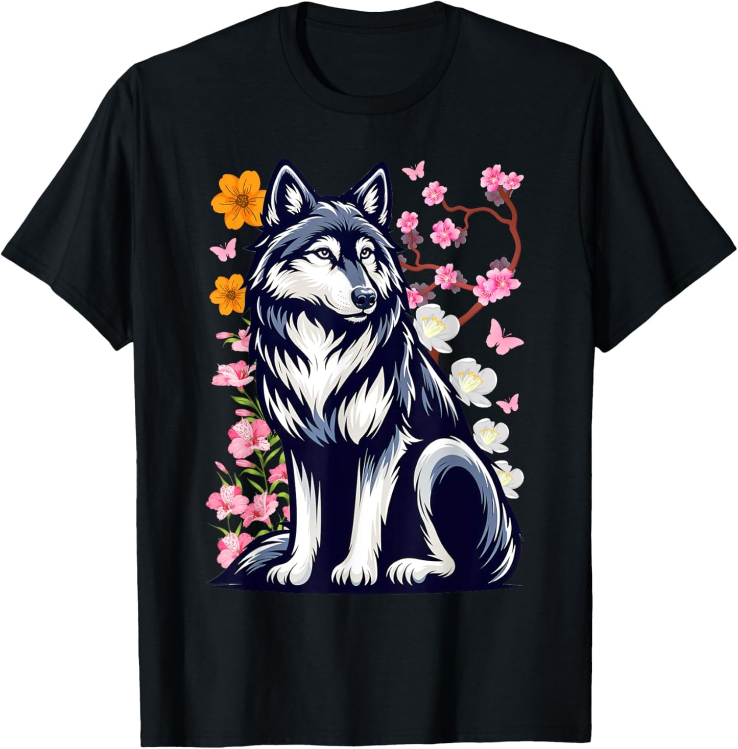 Cute Wolf With Flowers I Kids Wolf T-Shirt - T-Shirt | Black