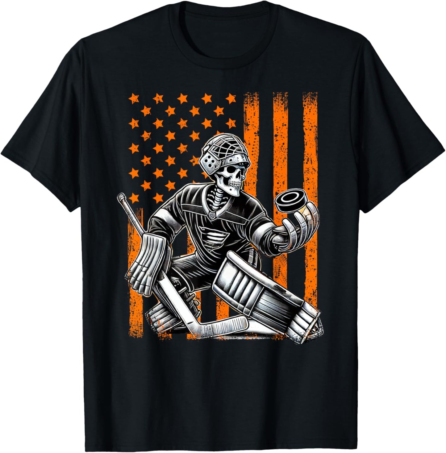 Spooky American Skeleton Ice Hockey Goalie Halloween USA T-Shirt - T-Shirt | Black