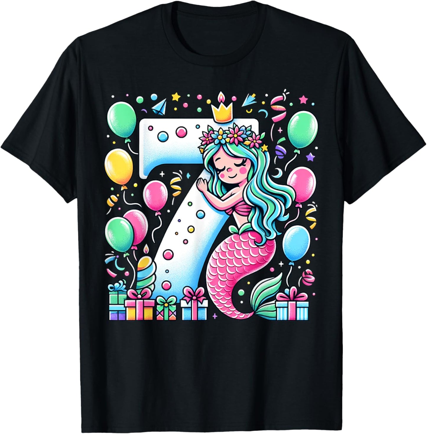 Mermaid 7th birthday for boy girl 7 years old seven Mermaid T-Shirt - T-Shirt | Black