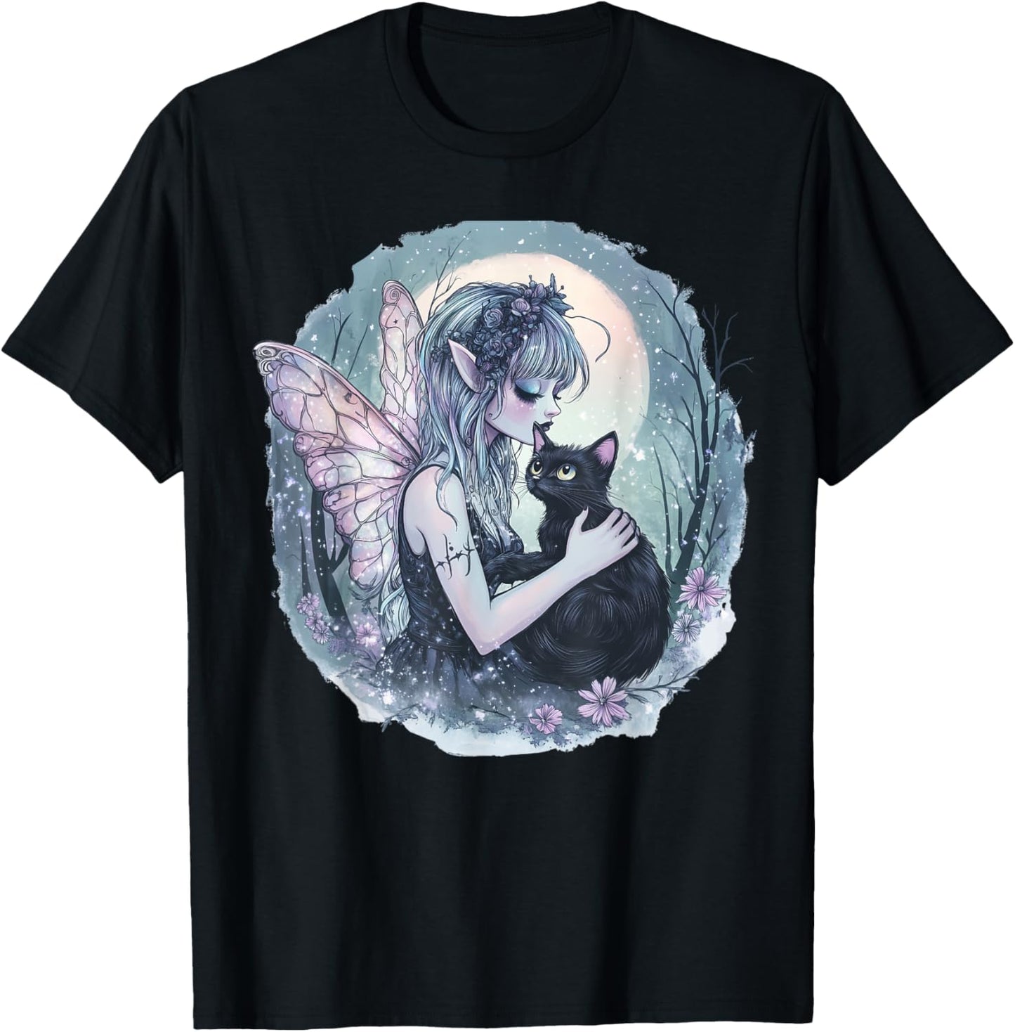 Forest Fairy Grunge Enchanting Gothic Cat Mystical Moon Women Kids T-Shirt - T-Shirt | Black