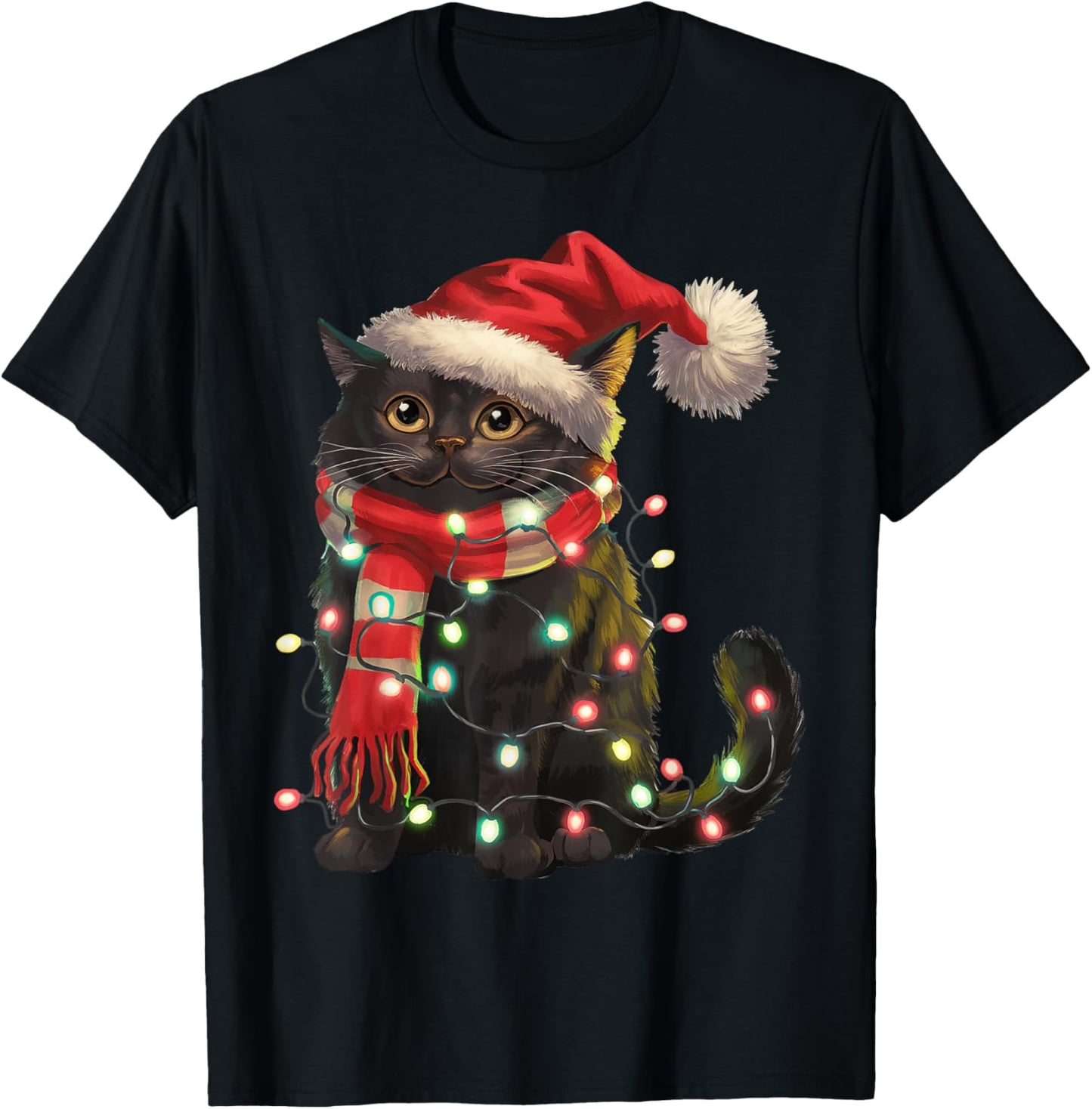 Black Cat Christmas Lights Santa Hat Christmas Cat Lover Women Kids T-Shirt - T-Shirt | Black