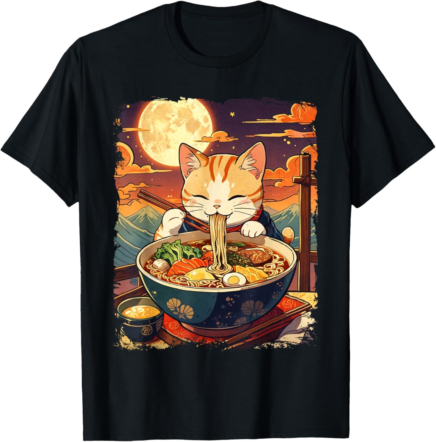 Cat Eating Ramen Japanese Noodles Vintage Ukiyo-e Art T-Shirt - T-Shirt | Black
