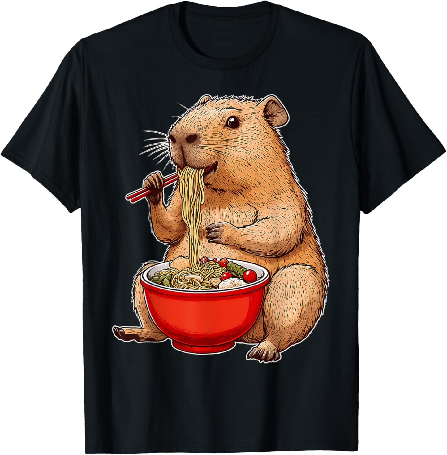 Capybara Capibara Ramen Japanese Noodles - -Adult, Black, Small, Short Sleeve, , Cartoon People Graphic, Gift Ideas T-Shirt - T-Shirt | Black