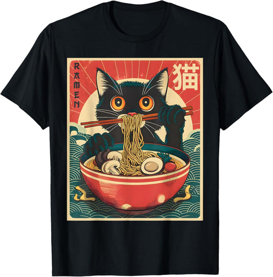 Anime Shirt Men Women Kids Cat Ramen Noodles -Adults -Kids Kawaii Cat Anime Gifts Cat Ramen Japanese Funny T-Shirt - T-Shirt | Black