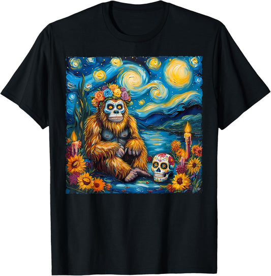 Bigfoot Van Gogh Style The Starry Night Day Of Dead Funny T-Shirt - T-Shirt | Black