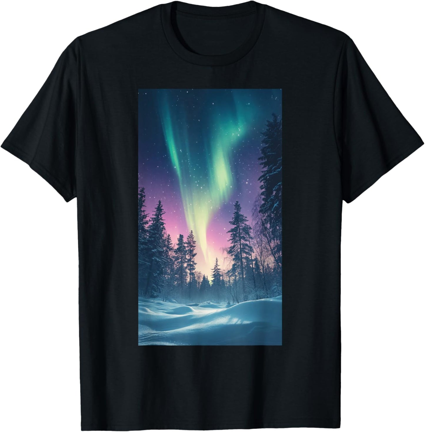 Northern Lights Snowy Forest Aurora borealis T-Shirt - T-Shirt | Black