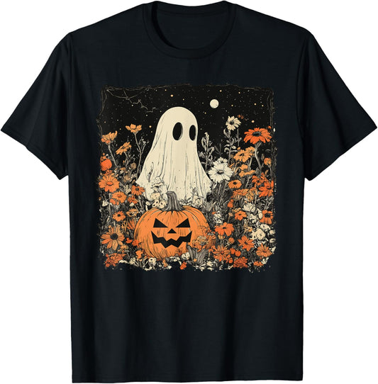 Vintage Floral Ghost Halloween Ghost in The Forest Gothic T-Shirt - T-Shirt | Black