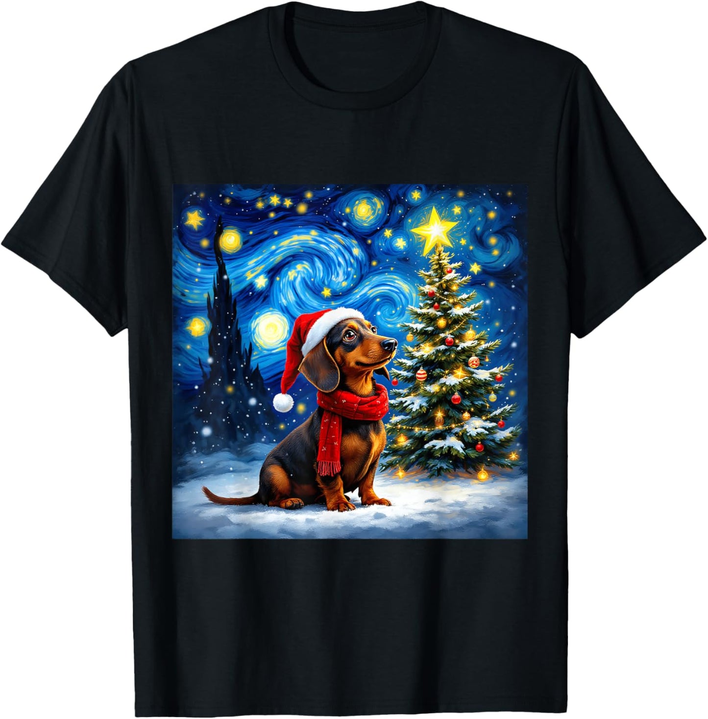 Dachshund Starry Night Christmas Van Gogh Dog Santa Hat T-Shirt - T-Shirt | Black