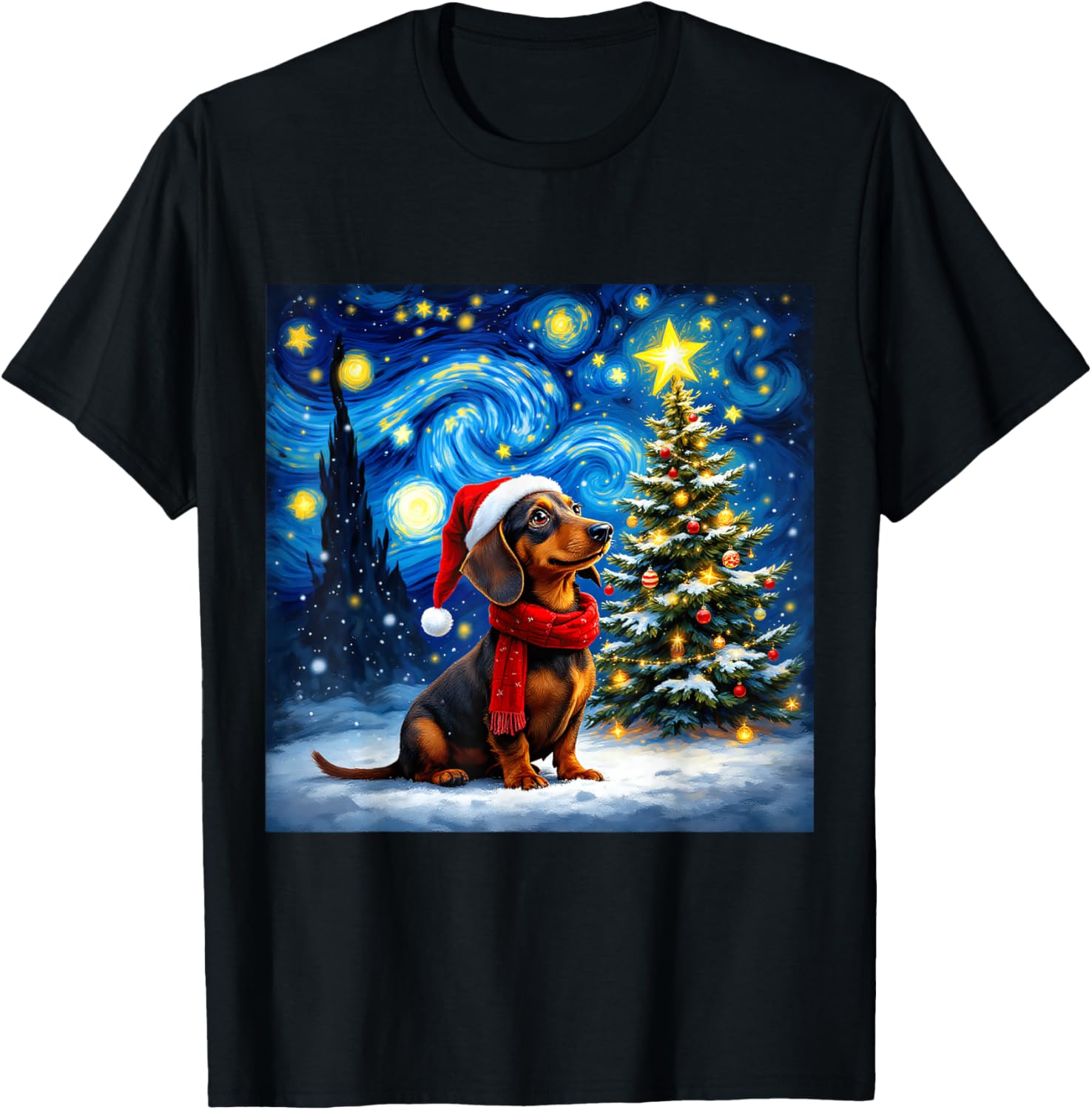 Dachshund Starry Night Christmas Van Gogh Dog Santa Hat T-Shirt - T-Shirt | Black