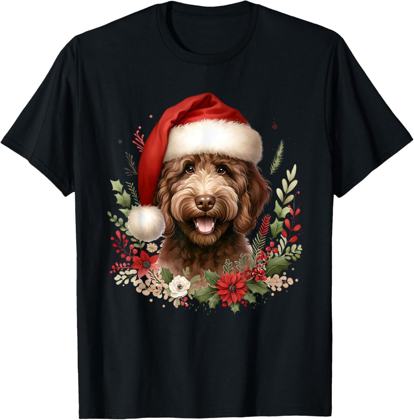 Christmas Chocolate Labradoodle Dog Watercolor Artwork T-Shirt - T-Shirt | Black