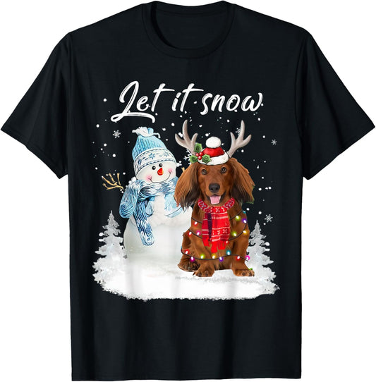 Red Long Haired Dachshund Santa Dog Christmas Snowman Xmas T-Shirt - T-Shirt | Black