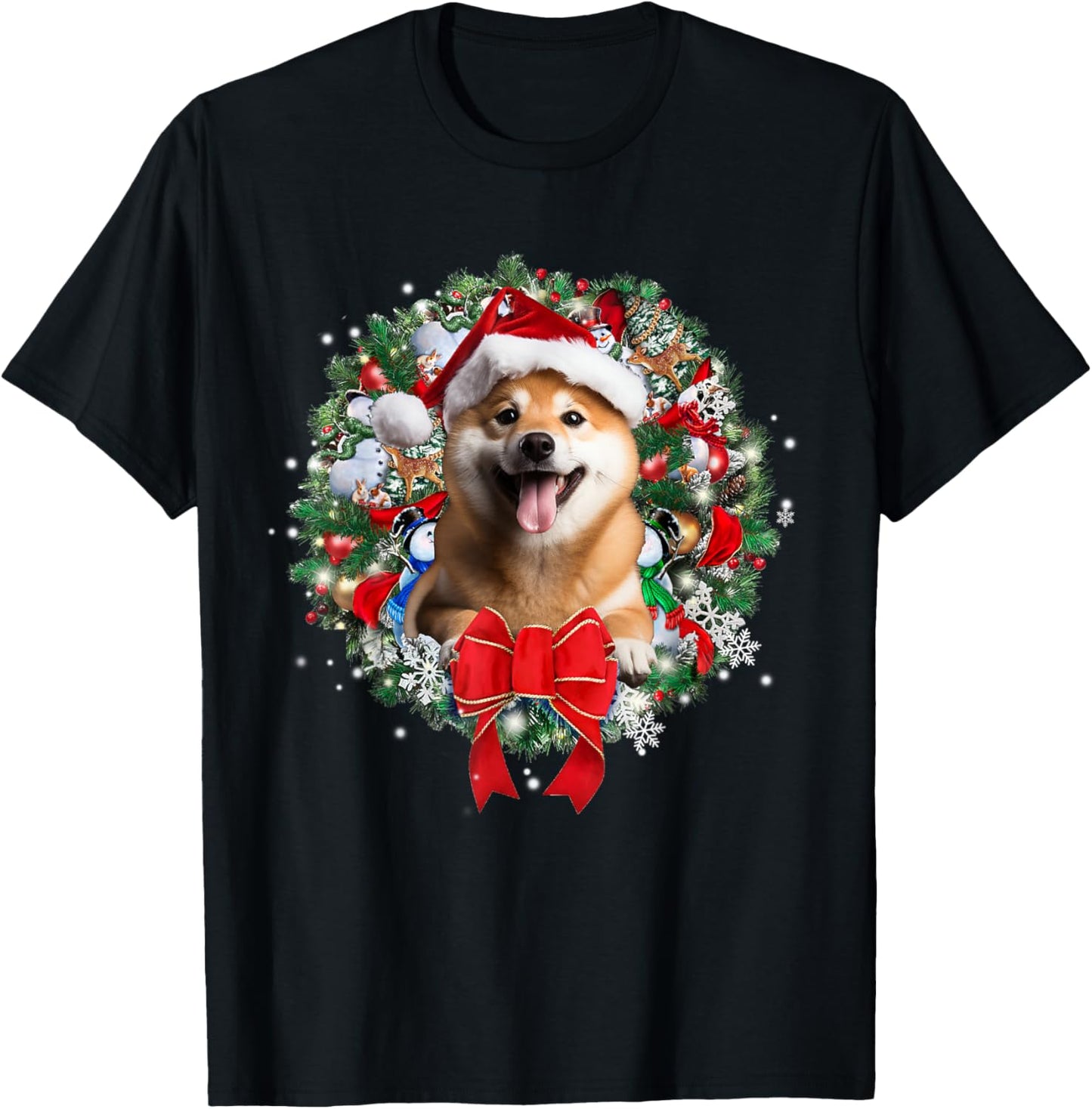 Shiba Inu Christmas Wreath Decoration Xmas Pajamas T-Shirt - T-Shirt | Black