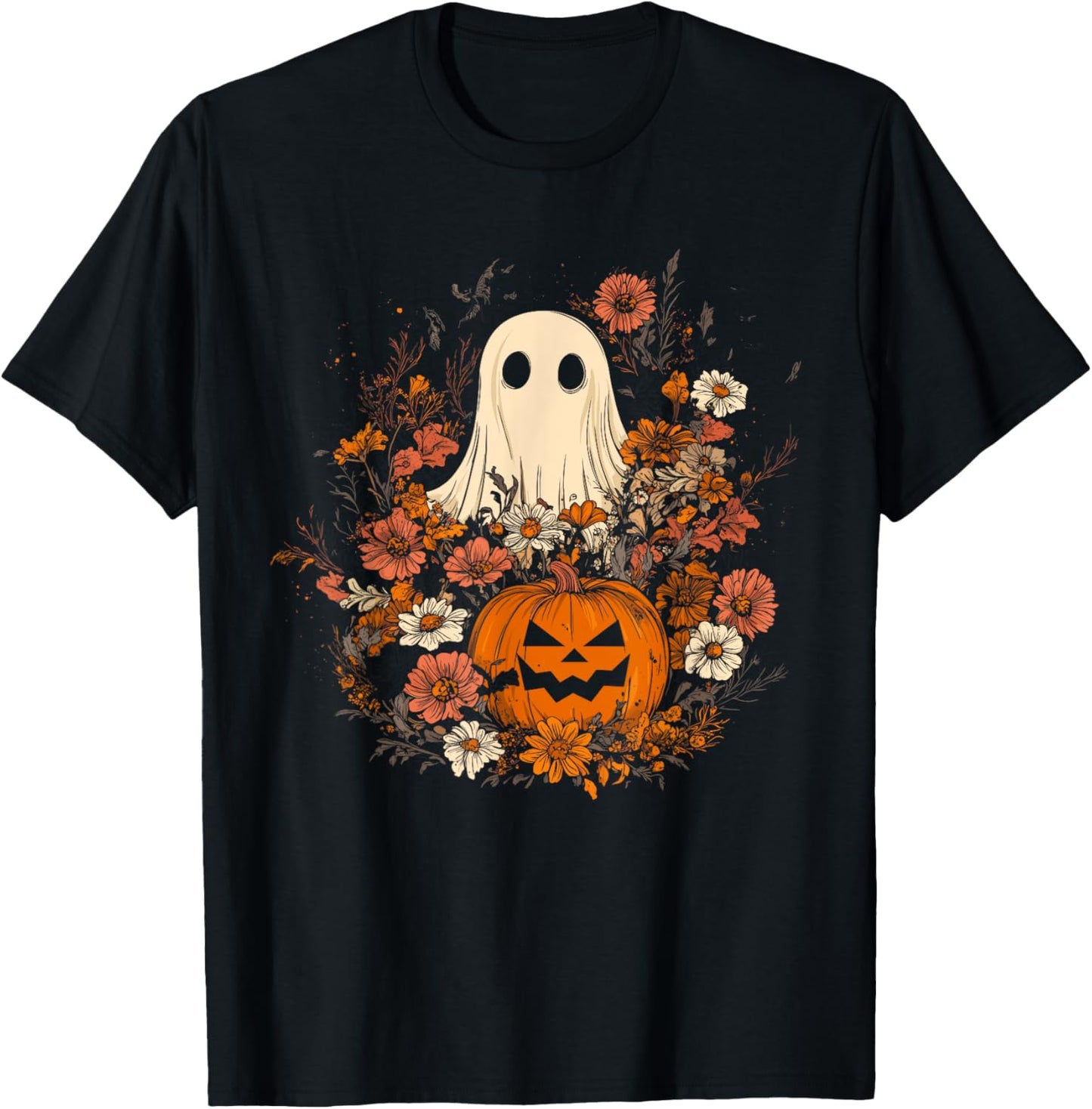 Vintage Floral Ghost Halloween Ghost in the Forest Gothic T-Shirt - T-Shirt | Black