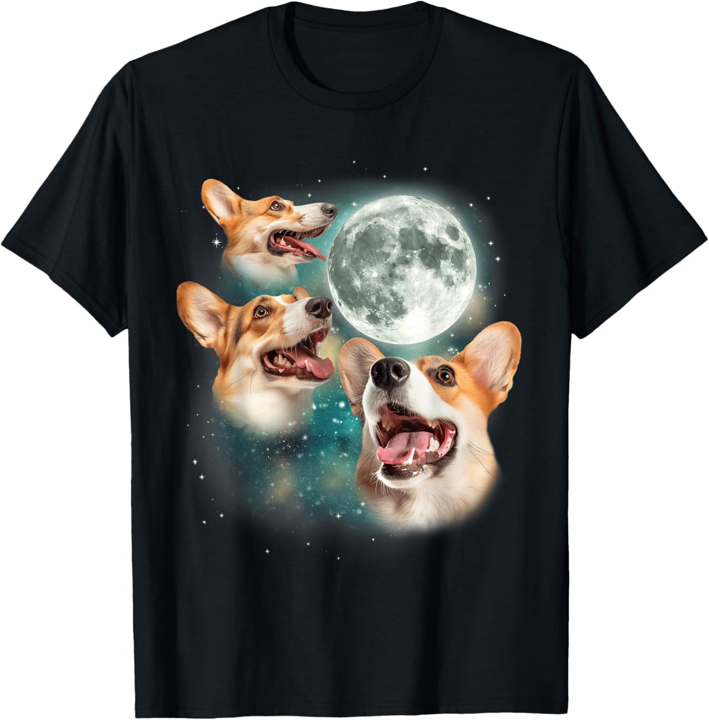 Three Corgi Moon | 3 Cute Corgi Pups Howling Dog Meme Canine T-Shirt - T-Shirt | Black